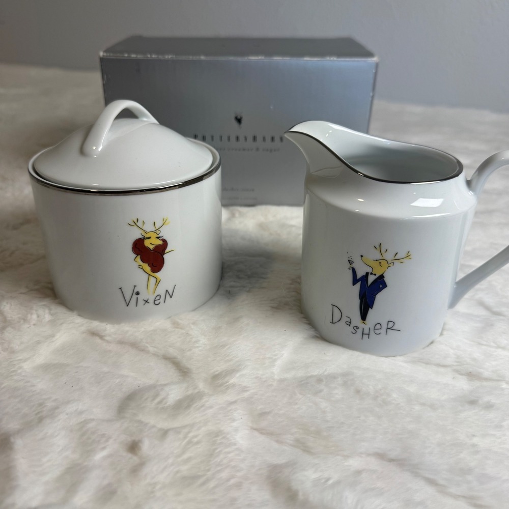 Pottery Barn Reindeer Dasher & Vixen Creamer and Sugar Set White Silver Rim